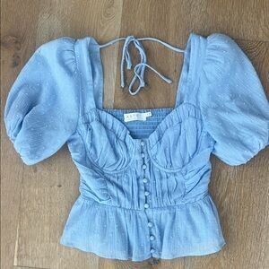 Astr Light Blue Puff Sleeve Blouse